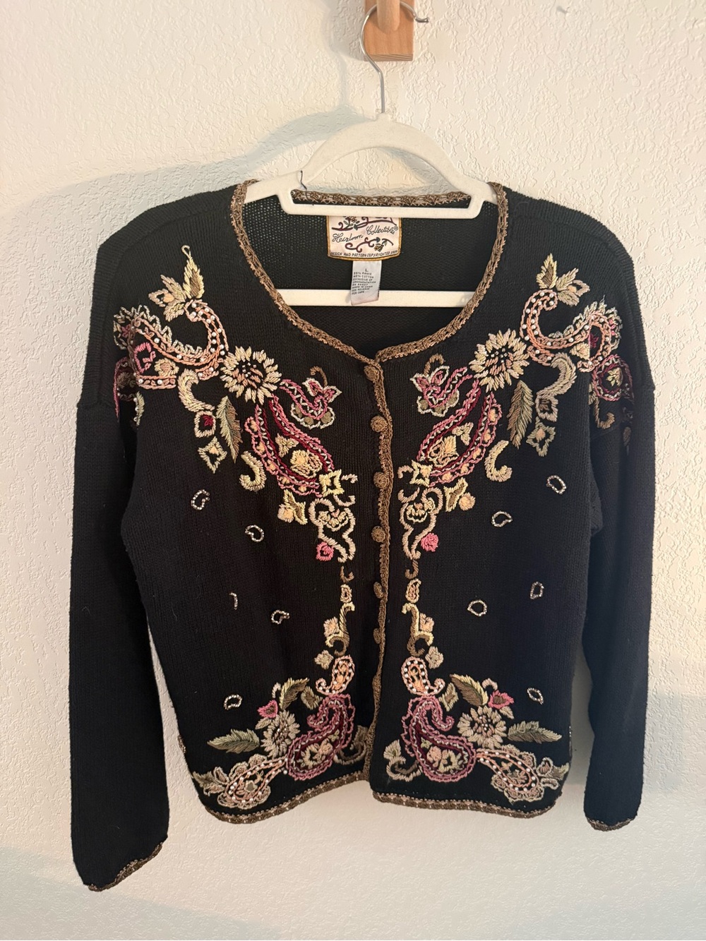 Vintage-Inspired Black Embroidered Cardigan Sweater